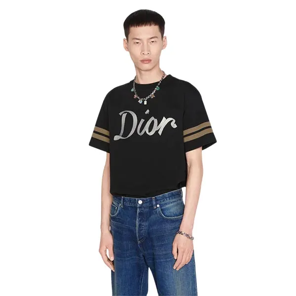 Áo Phông Dior Relaxed-Fit In Black Logo Embroidered 293J659A0554 Màu Đen