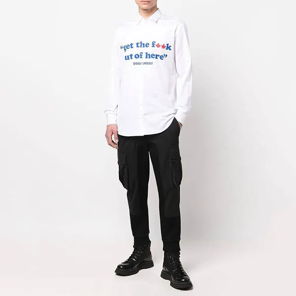 Áo Sơ Mi Dài Tay Dsquared2 White Slogan Printed Buttoned Shirt S71DM0598 S36275 100 Màu Trắng Size 48