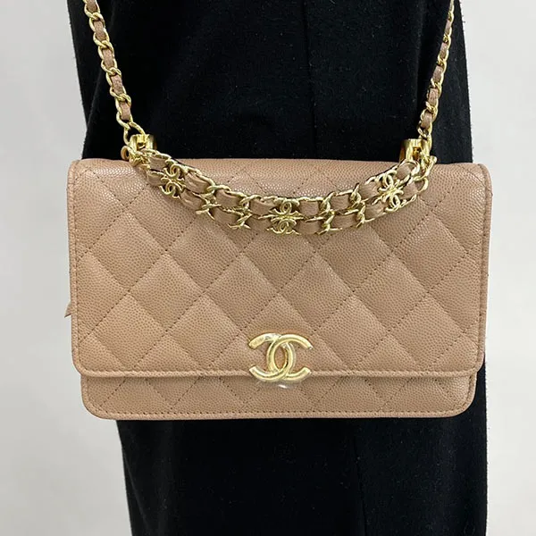 Túi Đeo Chéo Chanel Wallet On Chain Dark Beige Caviar Leather Màu Be Đậm