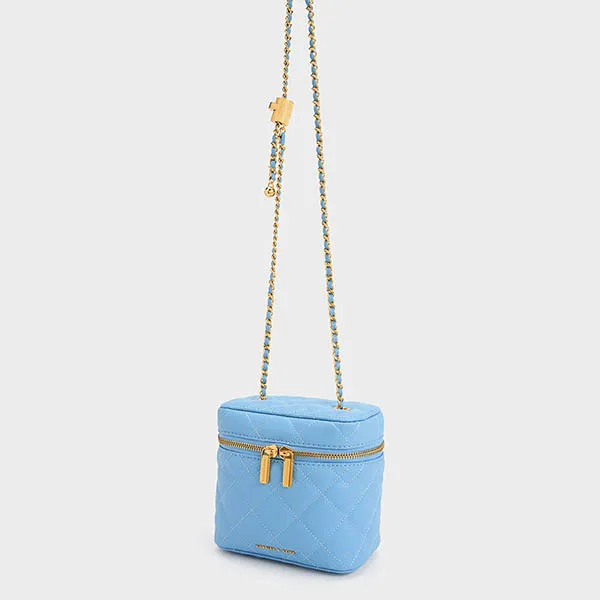 Túi Đeo Chéo Nữ Charles & Keith CNK Nezu Quilted Boxy Bag Light Blue 80271114 Màu Xanh