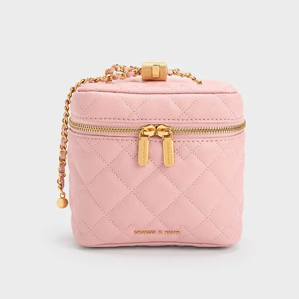 Túi Đeo Chéo Nữ Charles & Keith CNK Nezu Quilted Boxy Bag Light Pink 80271114 Màu Hồng