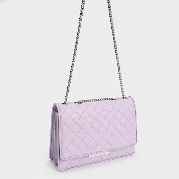 Túi Đeo Chéo Nữ Charles & Keith CNK Push-Lock Quilted Crossbody Bag Lilac CK2-20681043-4 Màu Tím Nhạt