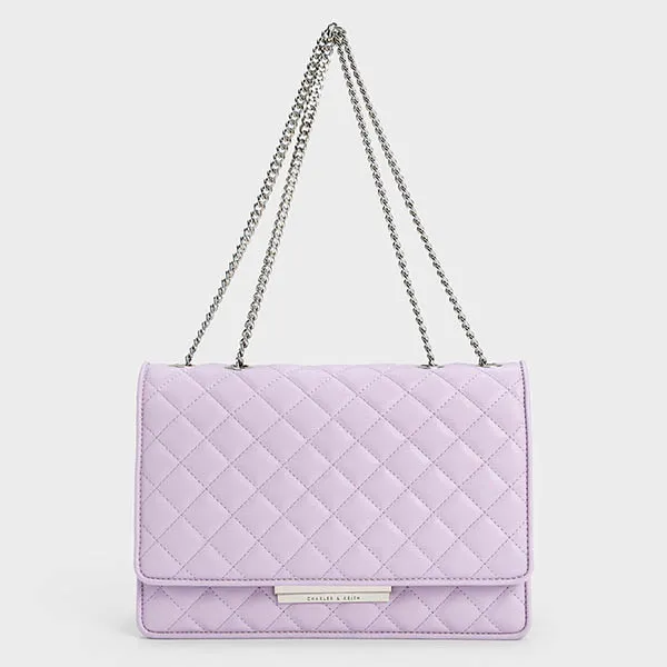 Túi Đeo Chéo Nữ Charles & Keith CNK Push-Lock Quilted Crossbody Bag Lilac CK2-20681043-4 Màu Tím Nhạt