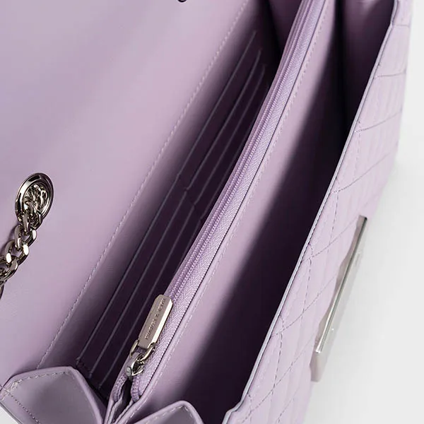 Túi Đeo Chéo Nữ Charles & Keith CNK Push-Lock Quilted Crossbody Bag Lilac CK2-20681043-4 Màu Tím Nhạt