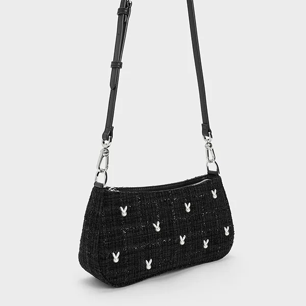 Túi Đeo Vai Nữ Charles & Keith CNK Bunny Tweed Shoulder Bag CK2-20671486 Màu Đen
