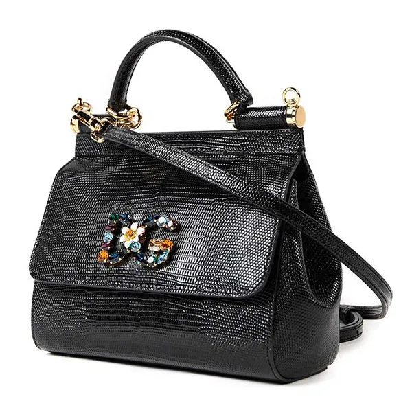 Túi Xách Tay Nữ Dolce & Gabbana D&G Small Sicily Handbag In Iguana Print Calfskin And Crystal DG Logo Patch Màu Đen - Túi xách - Vua Hàng Hiệu