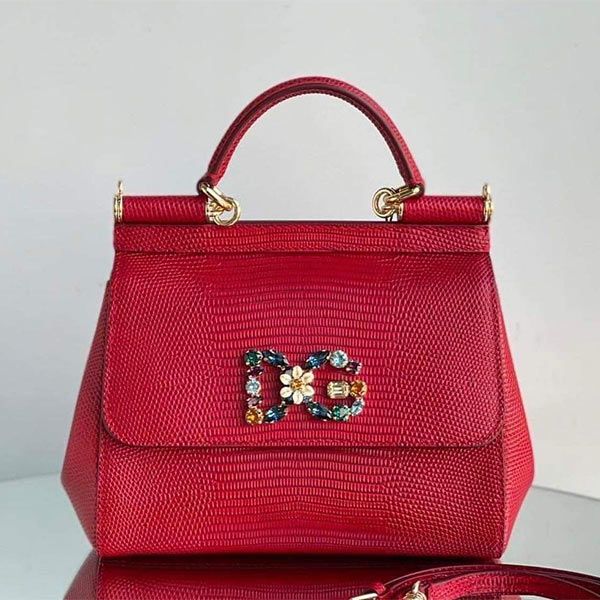 Túi Xách Tay Nữ Dolce & Gabbana D&G Small Sicily Handbag In Iguana Print Calfskin And Crystal DG Logo Patch Màu Đỏ - 1