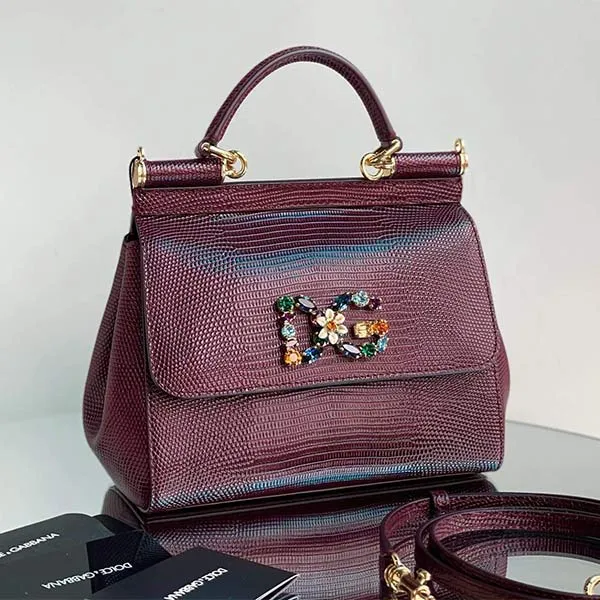 Túi Xách Tay Nữ Dolce & Gabbana D&G Small Sicily Handbag In Iguana Print Calfskin And Crystal DG Logo Patch Màu Tím