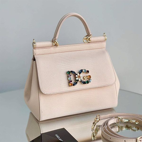 Túi Xách Tay Nữ Dolce & Gabbana D&G Small Sicily Handbag In Iguana Print Calfskin And Crystal DG Logo Patch Màu Hồng Nude - 2