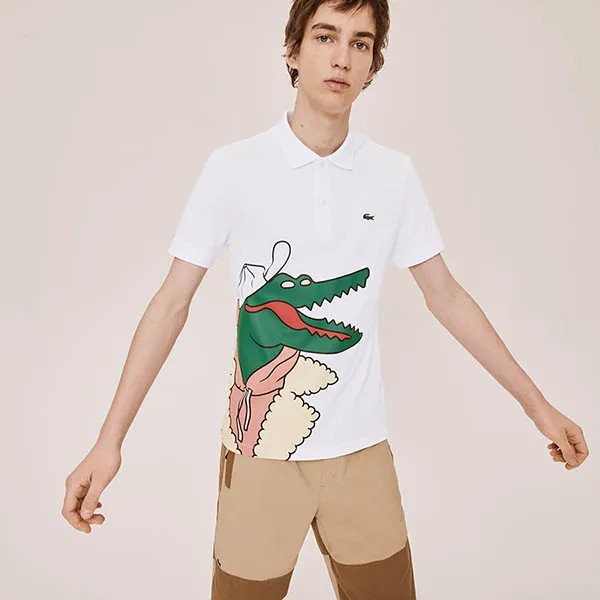Áo Polo Lacoste Unisex X Jean-Michel Tixier Print Classic Fit Shirt PH0410.JD4 Màu Trắng Xanh Size XS