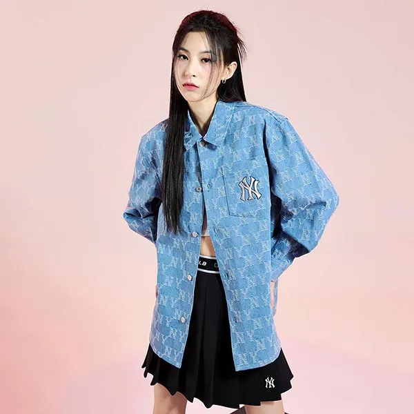 Áo Sơ Mi MLB Denim Jacquard New York Yankees 3ADRM0131-50INS Màu Xanh Blue Size M