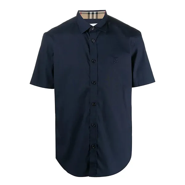 Áo Sơ Mi Nam Burberry Short-Sleeve Monogram Motif Stretch Cotton Shirt Màu Xanh Navy Size M