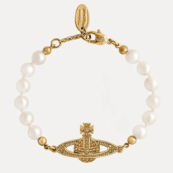 Vòng Đeo Tay Vivienne Westwood Mini Bas Relief Pearl Chain Bracelet Màu Vàng Gold - 1