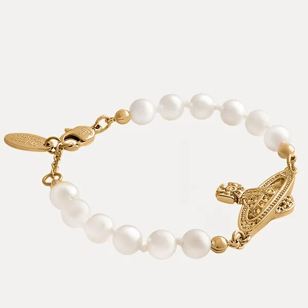 Vòng Đeo Tay Vivienne Westwood Mini Bas Relief Pearl Chain Bracelet Màu Vàng Gold - 3