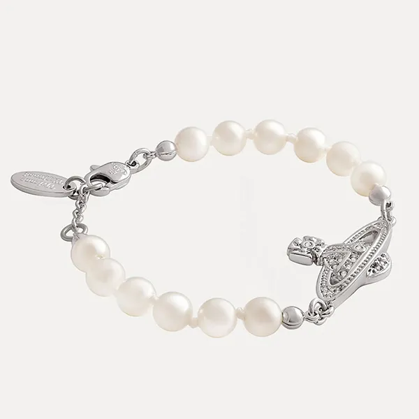 Vòng Đeo Tay Vivienne Westwood Mini Bas Relief Pearl Chain Bracelet Màu Bạc