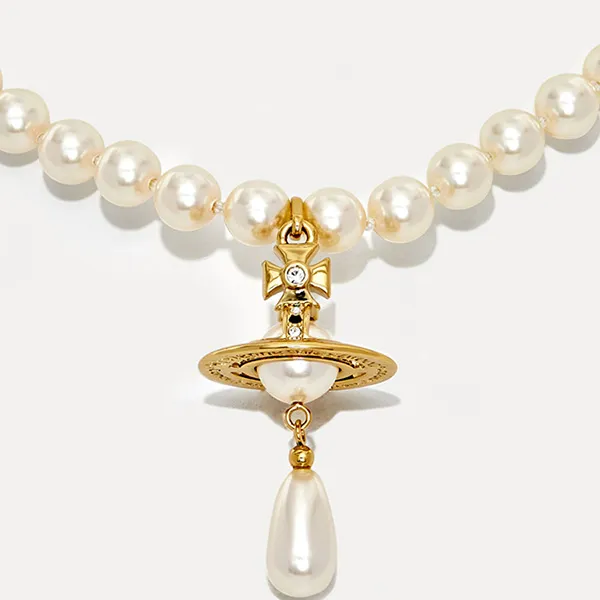 Dây Chuyền Vivienne Westwood One Row Pearl Drop Choker Màu Vàng Gold