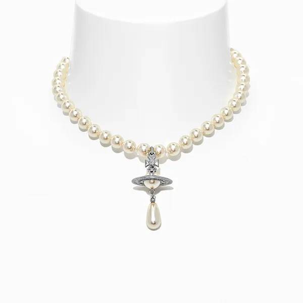 Dây Chuyền Vivienne Westwood One Row Pearl Drop Choker Màu Bạc