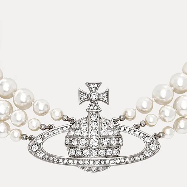Dây Chuyền Vivienne Westwood Three Row Pearl Bas Relief Choker Màu Bạc - Trang sức - Vua Hàng Hiệu
