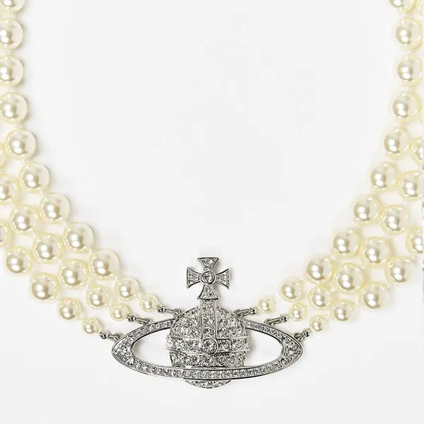 Dây Chuyền Vivienne Westwood Three Row Pearl Bas Relief Choker Màu Bạc - Trang sức - Vua Hàng Hiệu