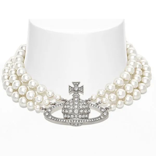 Dây Chuyền Vivienne Westwood Three Row Pearl Bas Relief Choker Màu Bạc - Trang sức - Vua Hàng Hiệu