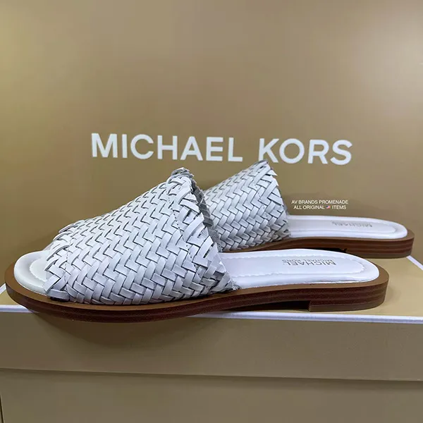 Dép Sandal Michael Kors MK Dee Woven Leather Slide Sandal In White Màu Trắng Size 35
