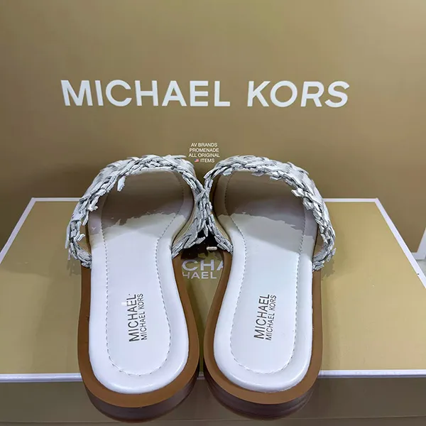 Dép Sandal Michael Kors MK Dee Woven Leather Slide Sandal In White Màu Trắng Size 35