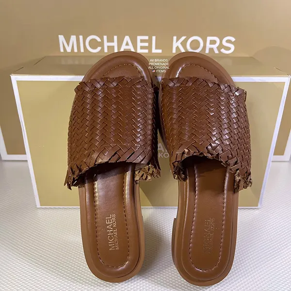 Dép Sandal Michael Kors MK Dee Woven Leather Slide Sandal Màu Nâu Size 35 - Dép - Vua Hàng Hiệu