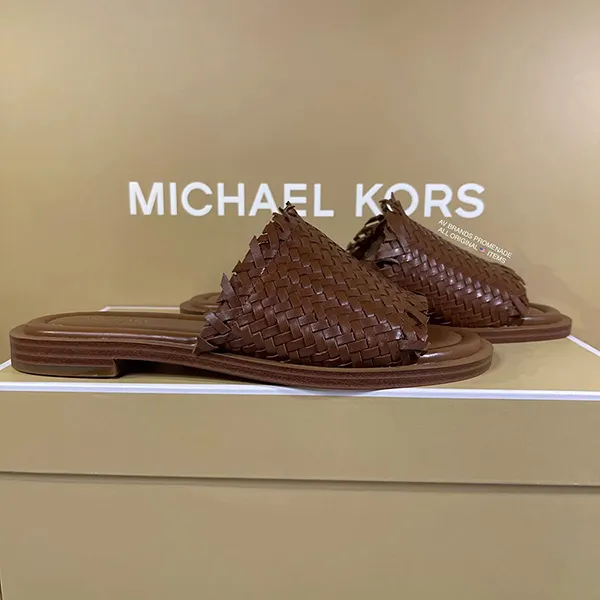 Dép Sandal Michael Kors MK Dee Woven Leather Slide Sandal Màu Nâu Size 35 - Dép - Vua Hàng Hiệu