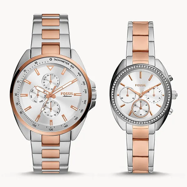 Đồng Hồ Đôi Fossil Multifunction Two-Tone Stainless Steel Watch Set BQ2642SET Màu Bạc Phối Vàng Hồng