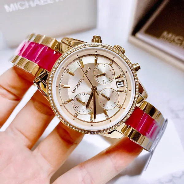 Đồng Hồ Nữ Michael Kors MK Ritz Gold Sangria MK6517 Mặt Màu Vàng Dây Demi Hồng