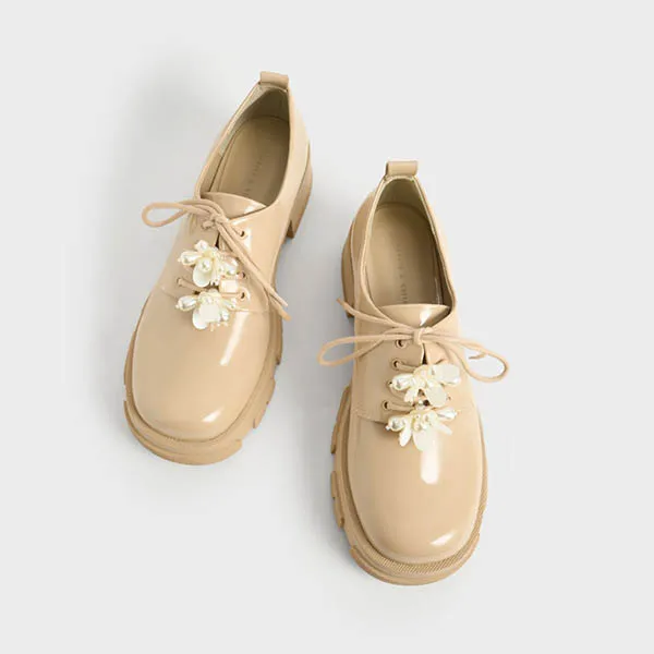 Giày Lười Charles & Keith CNK Hayden Bead-Embellished Patent Oxfords 70900324-1 Màu Nude Size 35