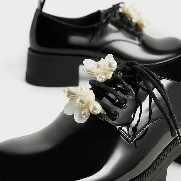 Giày Lười Charles & Keith CNK Hayden Hayden Beads Embellished Patent Oxford Black 70900324-1 Màu Đen Size 38