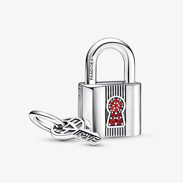 Hạt Vòng Charm Pandora Padlock And Key Dangle 790088C02 Màu Bạc Đỏ