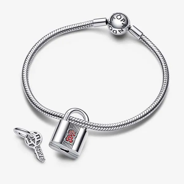Hạt Vòng Charm Pandora Padlock And Key Dangle 790088C02 Màu Bạc Đỏ
