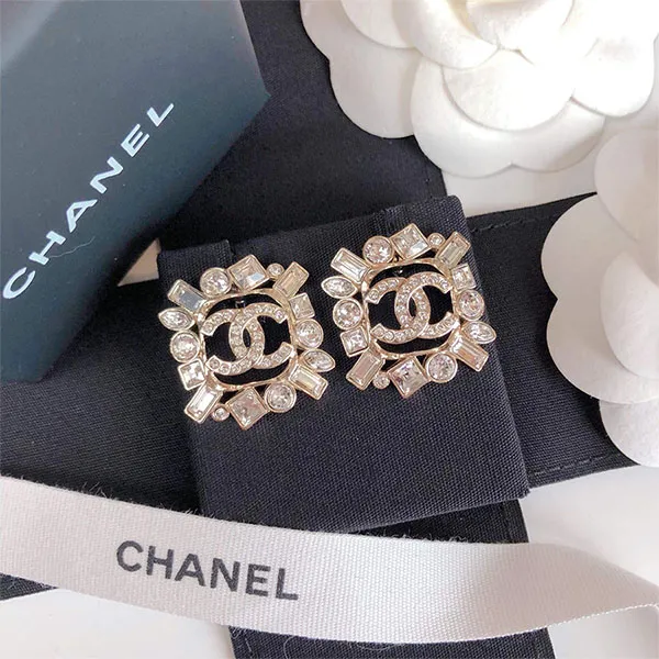 Khuyên Tai Chanel KT C Bông Hoa Vuông Gắn Đá KTC120 Màu Vàng Trắng - Trang sức - Vua Hàng Hiệu