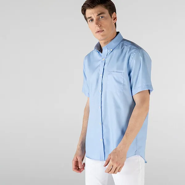 Áo Sơ Mi Cộc Tay Lacoste Men's Regular Fit Mini Piqué Shirt CH9612 00 NSV Màu Xanh Blue Size S