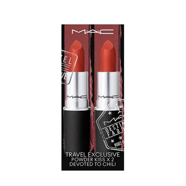 Set Son MAC Travel Exclusive Powder Kiss Lipstick x 2 (Devoted To Chili) Màu Đỏ Gạch