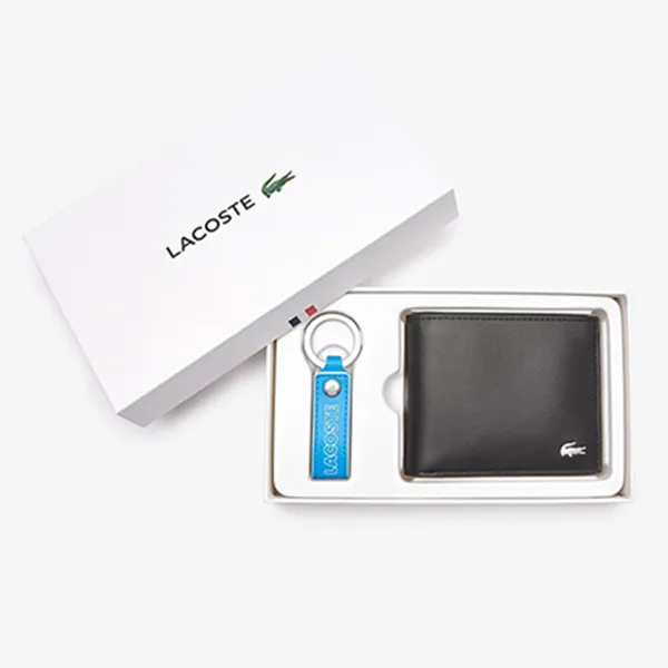 Set Ví Nam + Móc Khóa Lacoste Men's Fitzgerald Smooth Leather Wallet And Key Ring Gift Box NH3786FG J97 Màu Đen