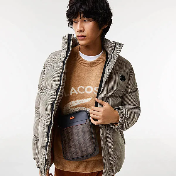 Túi Đeo Chéo Lacoste Men's The Blend Monogram Canvas Vertical Crossover Bag Màu Nâu Đen