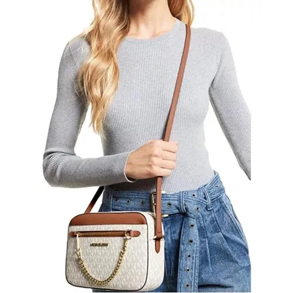 Túi Đeo Chéo Michael Kors MK Jet Set Large Logo Crossbody Bag 35S1GTTC9B Màu Trắng Nâu - Túi xách - Vua Hàng Hiệu