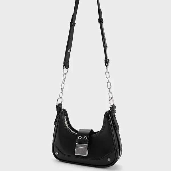 Túi Đeo Vai Charles & Keith CNK Winslet Belted Hobo Bag 40271053 Màu Đen