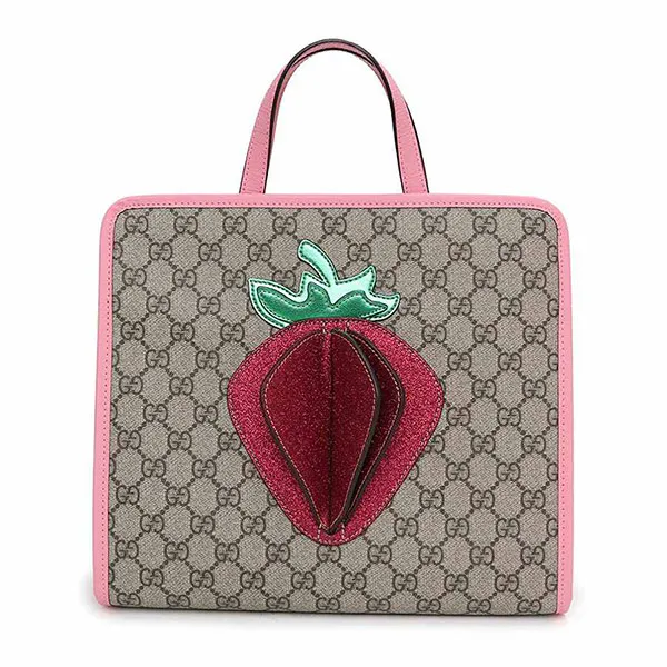 Túi Tote Gucci GG Supreme Junior 3D Strawberry Tote 630589 Màu Nâu Ghi