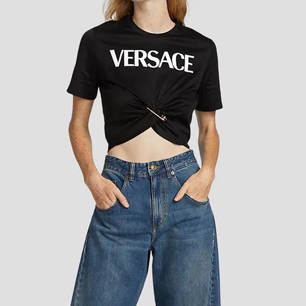Áo Croptop Nữ Versace Black Logo Printed 1010259 1A00769 2B020 Màu Đen