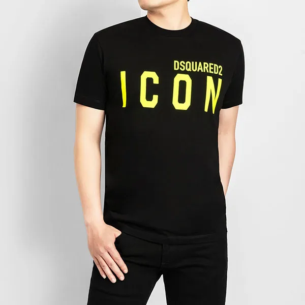 Áo Phông Dsquared2 Black Logo ICON Neon Green Printed S79GC0068 S23009 998 Màu Đen