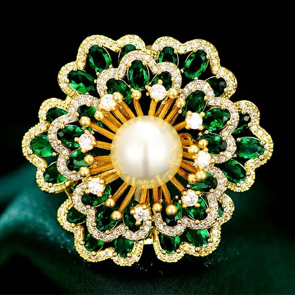 Cài Áo Meri Bông Hoa Khảm Đá Xanh Ngọc Trai Cao Cấp BR499 Màu Xanh Lục