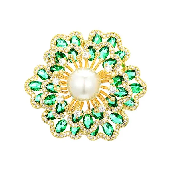 Cài Áo Meri Bông Hoa Khảm Đá Xanh Ngọc Trai Cao Cấp BR499 Màu Xanh Lục