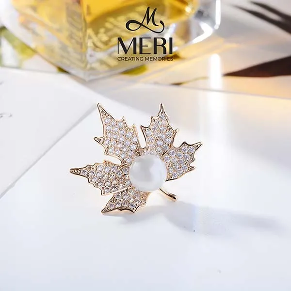 Cài Áo Meri Lá Ginko Ngọc Trai BR451 Màu Vàng