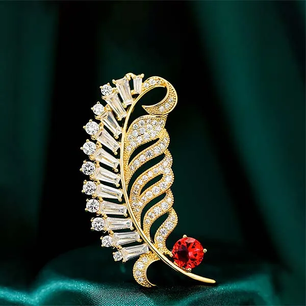 Cài Áo Meri Lông Chim Khảm Đá Đỏ BR481 Màu Vàng