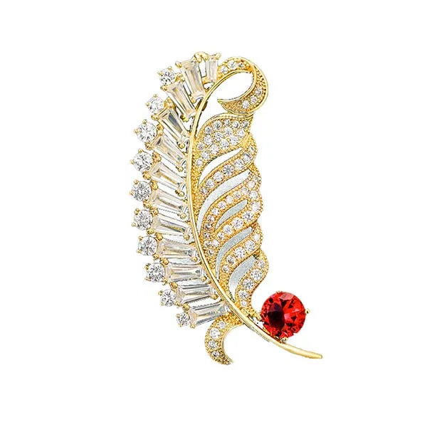 Cài Áo Meri Lông Chim Khảm Đá Đỏ BR481 Màu Vàng
