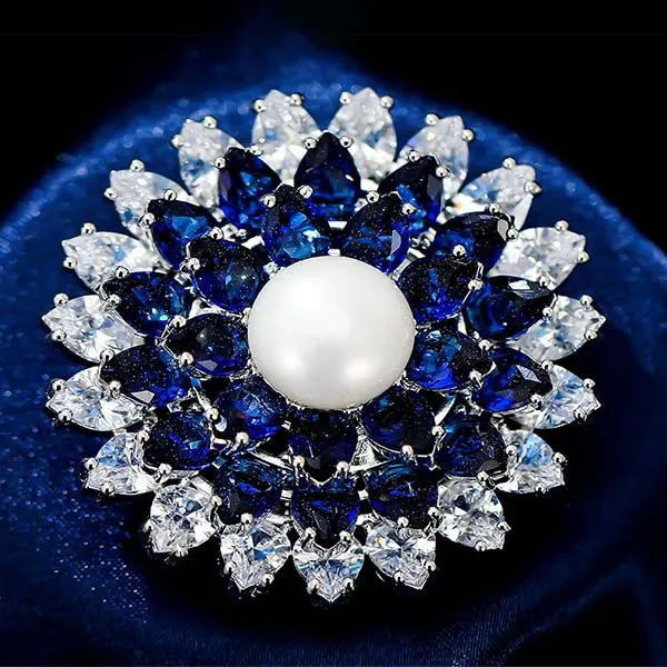 Cài Áo Meri Nón Vòng Hoa Khảm Đá Xanh Cao Cấp BR491 Màu Xanh Dương